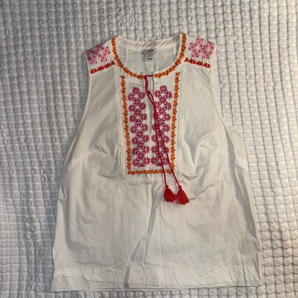 J. Crew White Top with Pink and Orange Embroidery